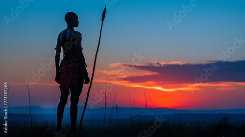 Spear thrower silhouette at dusk minimalist design evoking ancient hunting traditions photo