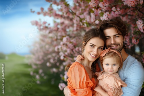 Springtime embrace young family cherishes blooming moment
