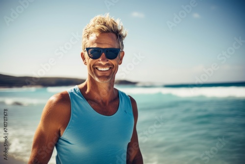 Portrait of smiling man in sunglasses standing on the beach at sunny day