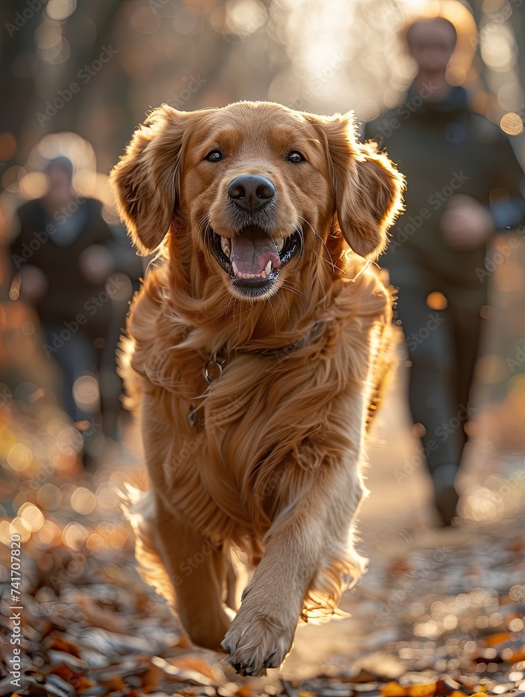 Golden retriever dog running in the park with young man in the background a