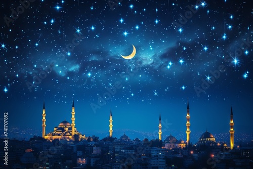 Starlit ramadan kareem over illuminated mosque