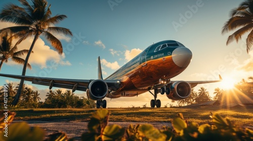 Airplane flying in the sky with palm trees at sunset and water