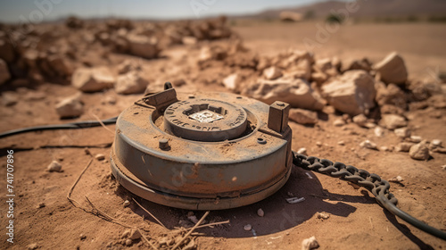 A metal object lies on a dirt field, creating a stark contrast against the earthy surroundings
