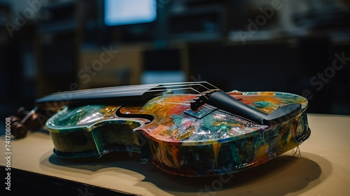 A violin crafted from recycling materials resting on a wooden table