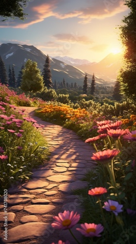 Stone path through a field of flowers with a beautiful sunset in the background