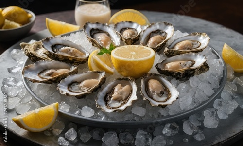 Gourmet Seaside Indulgence: Platter of Oysters, Lemon, and Cocktail Sauce