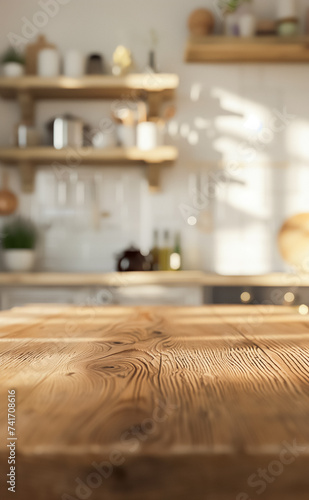 Wooden kitchen countertop with intricate grain patterns, illuminated by natural light; a blurred modern kitchen background showcasing organized shelves and clean, white tiles.