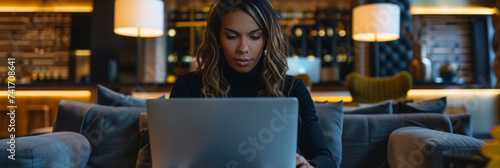 Professional Woman Working on Laptop in Modern Lounge