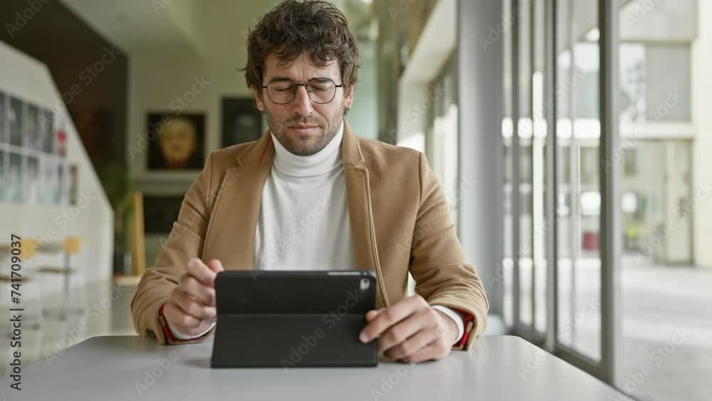 A pensive hispanic man in glasses using a tablet in a modern office setting, embodying entrepreneurship and professionalism. A pensive hispanic man in glasses using a tablet in a modern office setting, embodying entrepreneurship and professionalism.