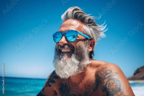 Portrait of happy senior man with white beard and sunglasses on the beach