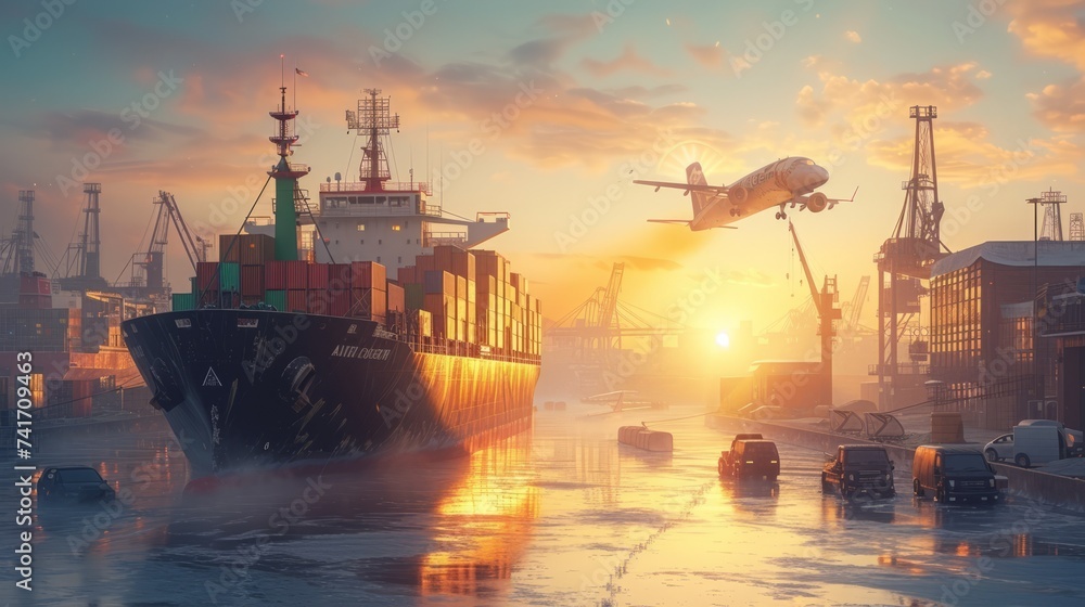 Fototapeta premium A large container ship is docked at a busy port while an airplane flies overhead