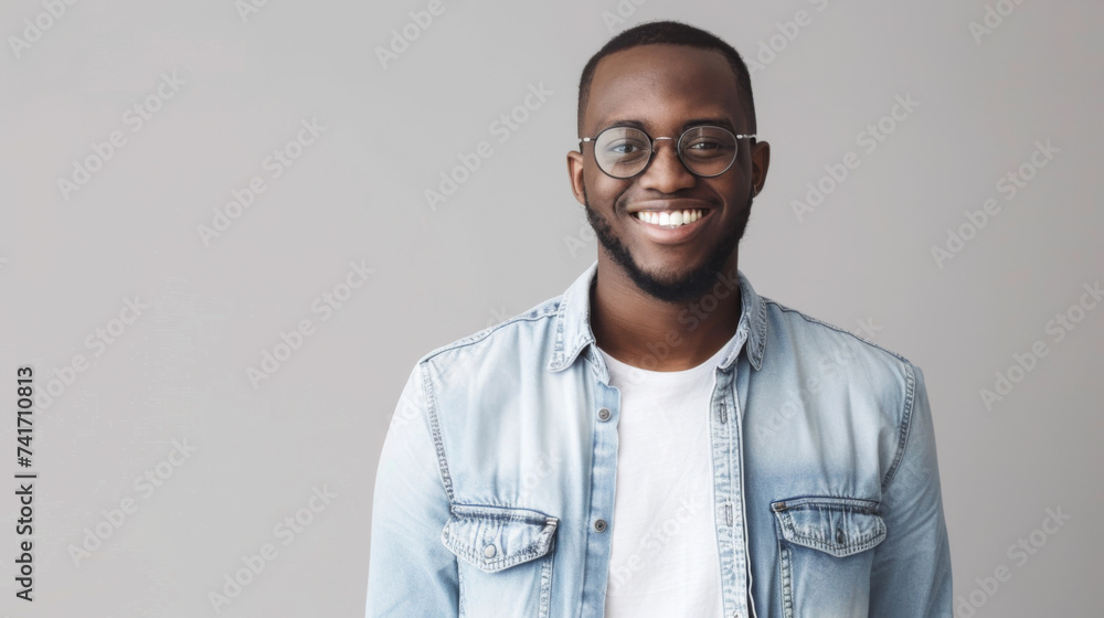 Obraz premium smiling man wearing glasses, a light blue denim jacket, and a white shirt, standing against a plain light background.