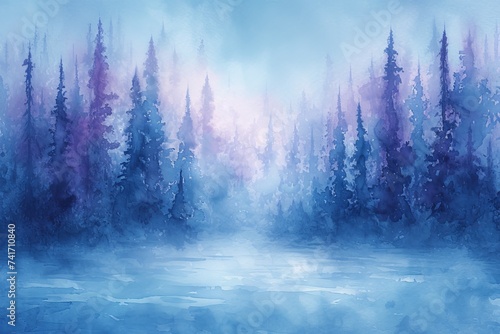 Blue and purple watercolor background of pine trees and a frozen lake