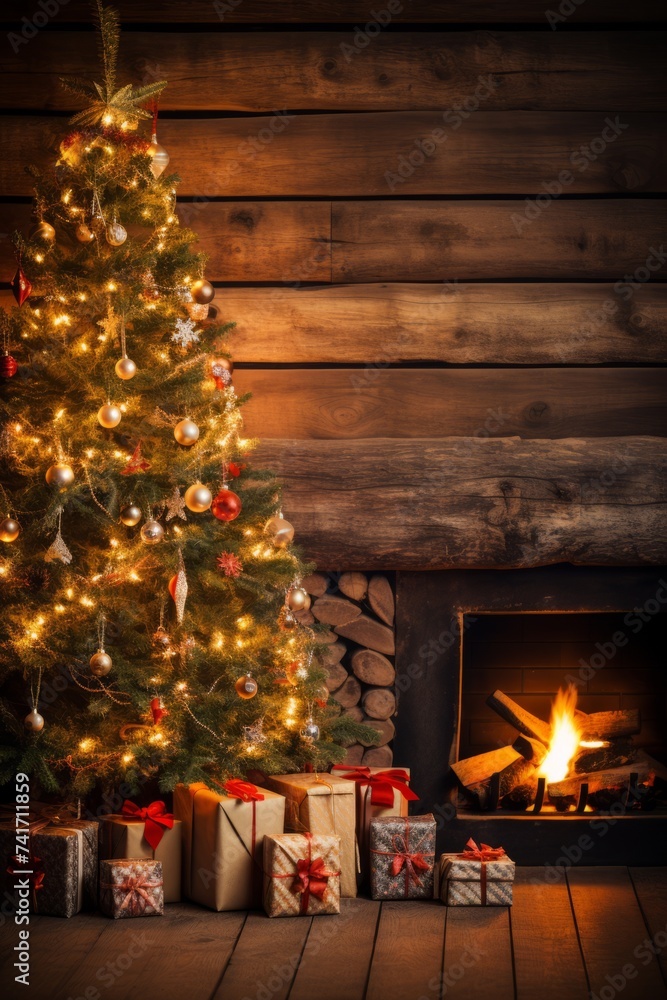 Christmas tree in a wooden cabin