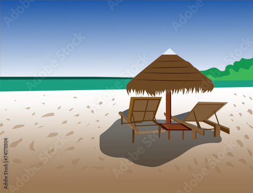 Happy family with two kids enjoy summer vacation on seaside. Summer travel and leisure on sea beach. Vector flat cartoon illustration.