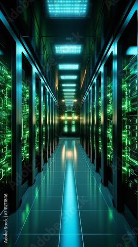 Futuristic server room with green lights