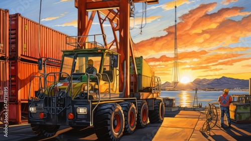 Reach stacker in the harbor at sunset photo