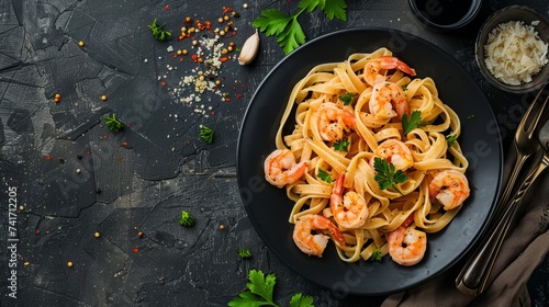 A delightful Italian pasta adorned with shrimps