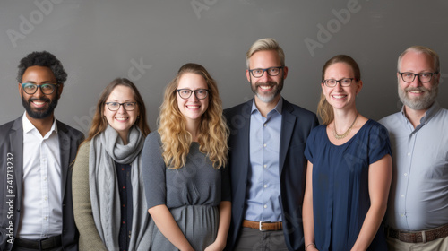 group of smiling professionals, both men and women, standing in a line and dressed in business casual attire