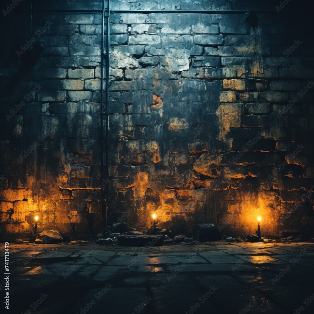Grungy stone wall with three lit candles on the wet floor