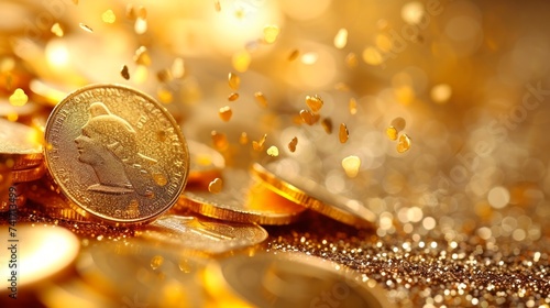 A golden coin with a woman's profile on it sits on a pile of gold coins against a blurred background of falling gold heart-shaped confetti. photo