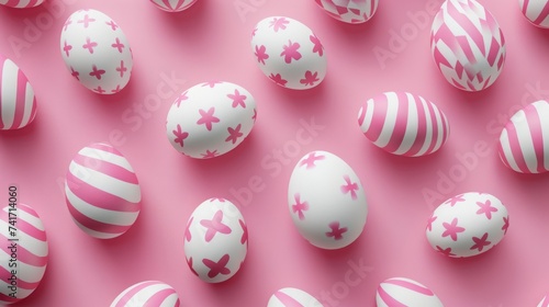 Pattern of pink and white Easter eggs over pink background, 3d seamless texture design