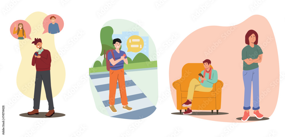 Negative Effect of phone on family concept. Teenager focus on phone, Walking while messaging, lack of communication and neglect between parents and Child. Family Vector Cartoon illustration.
