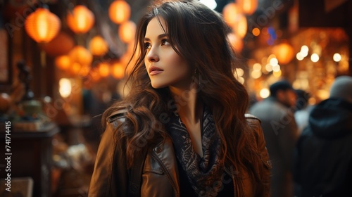 Beautiful asian woman walking in the old city street at night