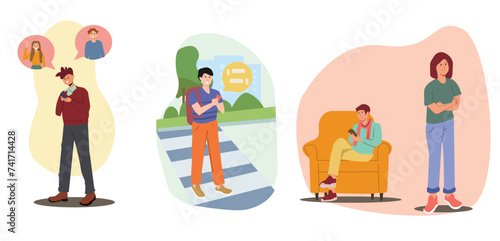 Negative Effect of phone on family concept. Teenager focus on phone  Walking while messaging  lack of communication and neglect between parents and Child. Family Vector Cartoon illustration.