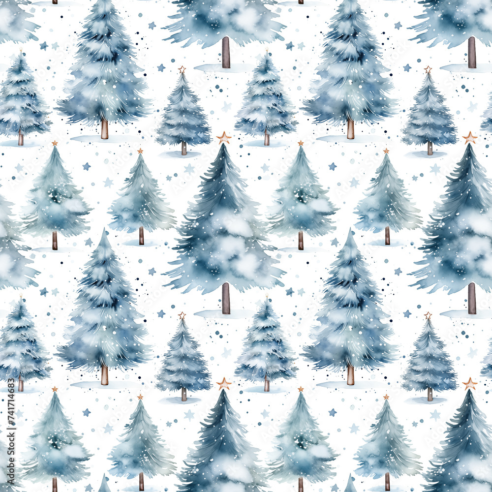 Winter Wonderland: Watercolor Christmas Trees with Snowfall Seamless Pattern