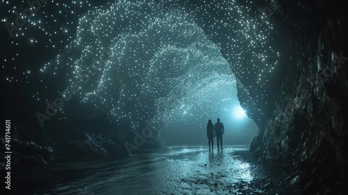 Under a glow worm sky - couple shining a light into Waipu cave filled will glow worms,generative ai photo