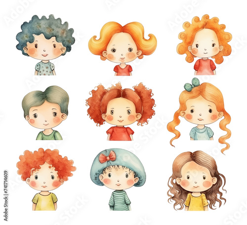 Watercolor collection of cartoon children's portraits with various hairstyles, isolated on white background.