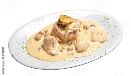 Obraz na płótnie Floating White plate with Vol-au-vent and sausage w salonie