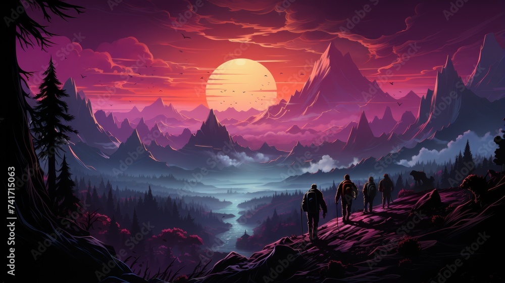 Fantasy landscape with a couple of hikers at sunset - obrazy, fototapety, plakaty 