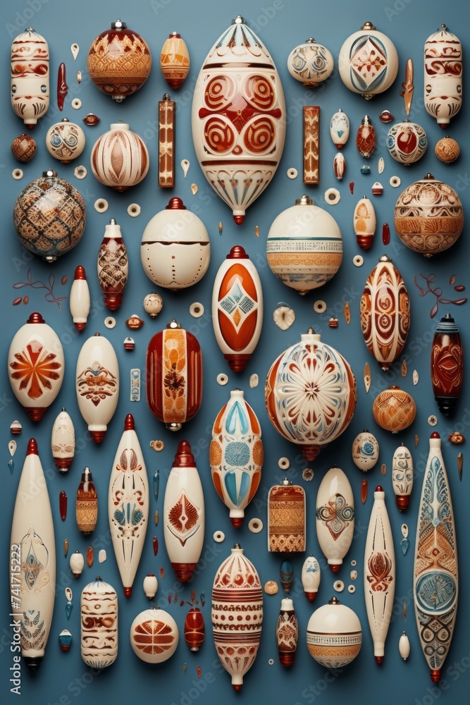 An illustration of a variety of Christmas ornaments with intricate designs.
