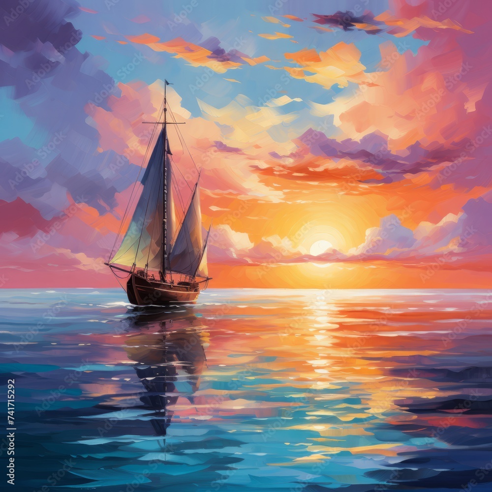 Fototapeta premium A sailboat on the sea at sunset with a beautiful cloudscape in the background