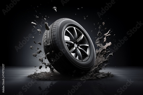a tire is flying through the air on a black background
