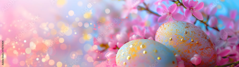 Two Eggs Perched on a Branch With Pink Flowers Two Eggs Perched on a Branch With Pink Flowers