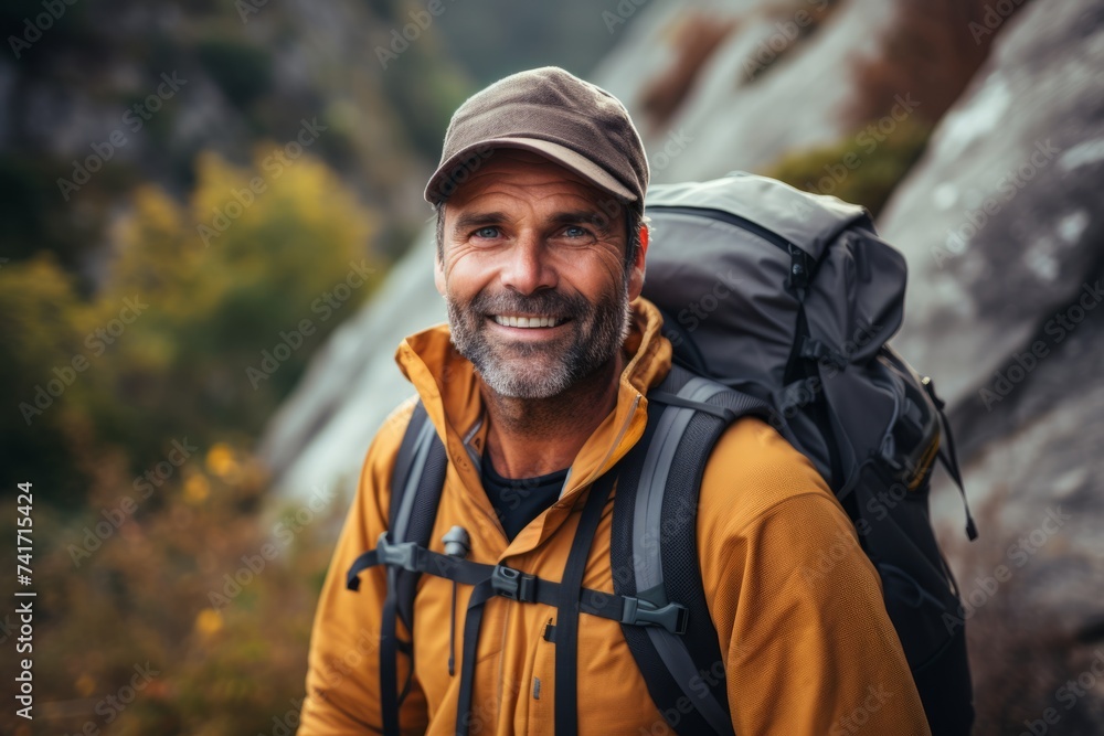 Portrait of a smiling male hiker with backpack standing in the mountains.