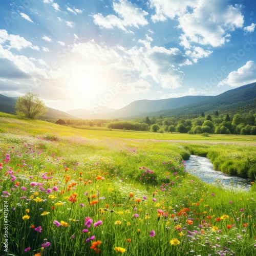A beautiful summer landscape with a meadow full of colorful wildflowers and a flowing river