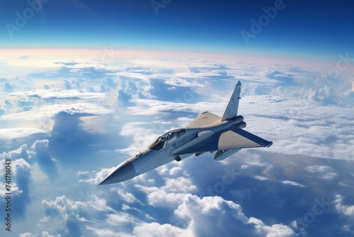 A military fighter jet flies high above the clouds photo