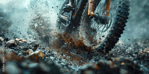 Close up of a off-road bike wheels driving through mud