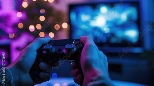 Close-up of a man's hands holding a game controller playing video games at home on neon light, A man plays a video game, generative ai © OP38Studio