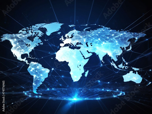 A world map  concept of global network and connectivity  worldwide business   international data transfer and cyber technology   information exchange  science  cybersafe and telecommunication 