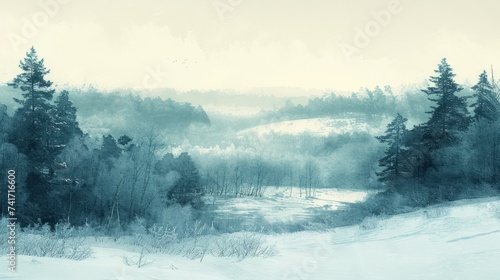 Snow-covered pine trees and hills in the distance photo