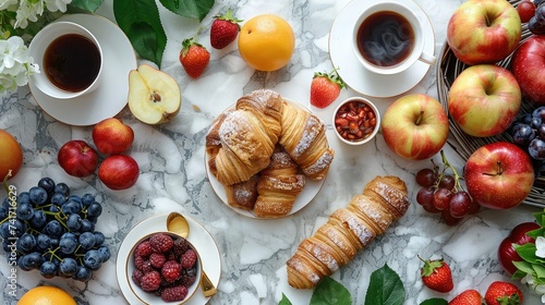 Breakfast Bliss: Delectable Food Flatlay of Fruits, Pastries, and Coffee on Marble Tabletop.