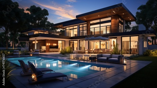 Modern luxury house with pool and outdoor seating area
