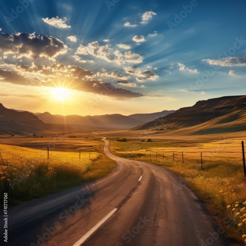 Curvy countryside road through the grasslands at sunset