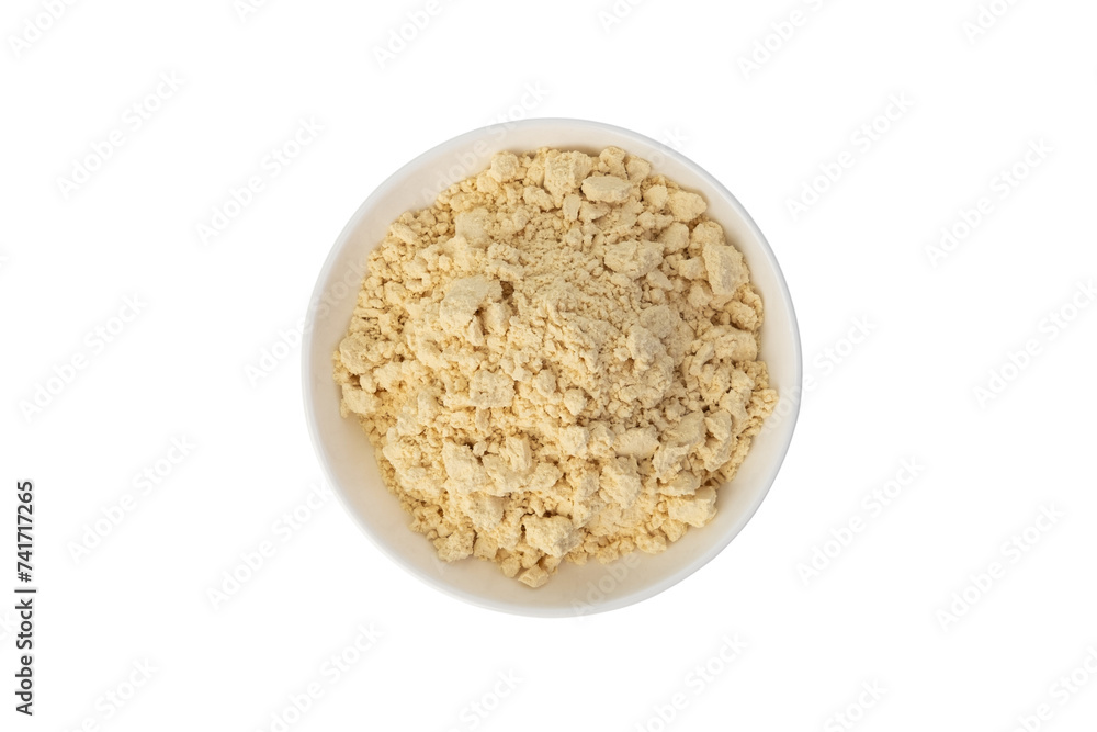 instant soy milk powder in white plate isolated on white background with clipping path.Top view instant soy milk powder in white plate isolated on white background with clipping path.Top view
