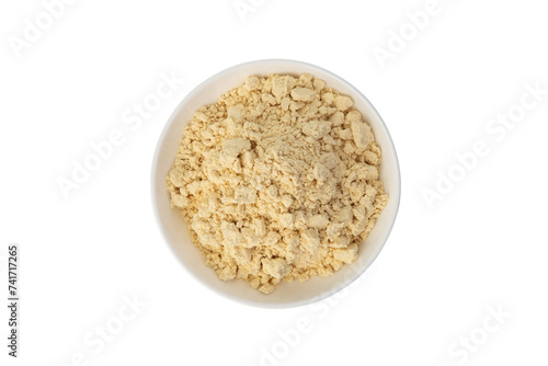 instant soy milk powder in white plate isolated on white background with clipping path.Top view